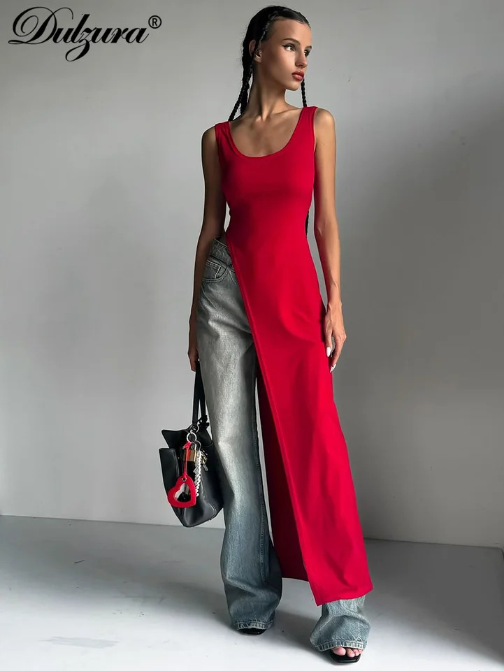 Dulzura 2024 Sexy Sleeveless Side High Split Dress Solid Backles Midi Dresses Summer Party Club Streetwear Clothes Y2K 250121