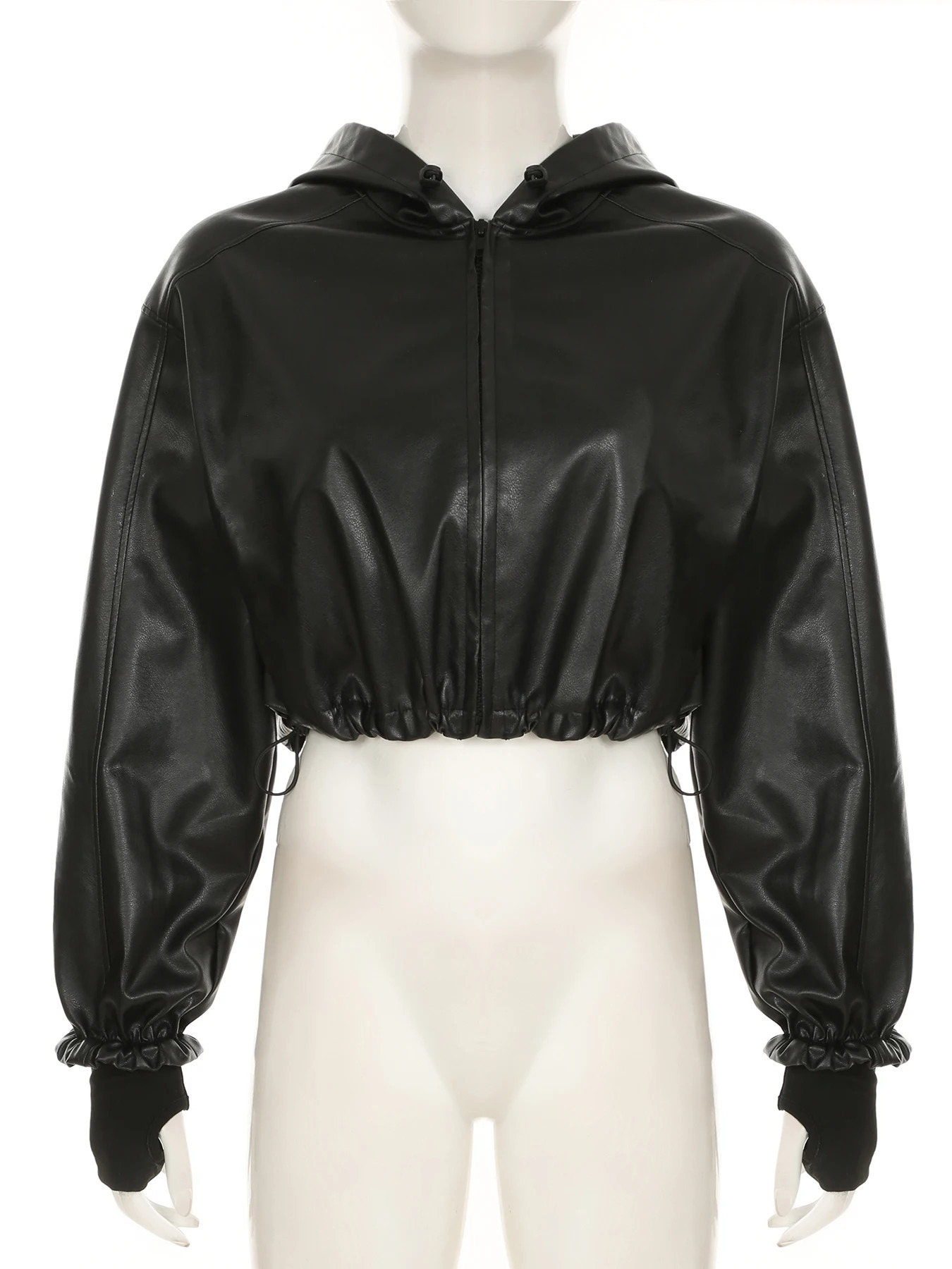 IAMSURE Locomotive Style Pu Leather Cropped Jackets Casual Solid Hooded Long Sleeve Coats Women Winter Fashion Streetwear 250122