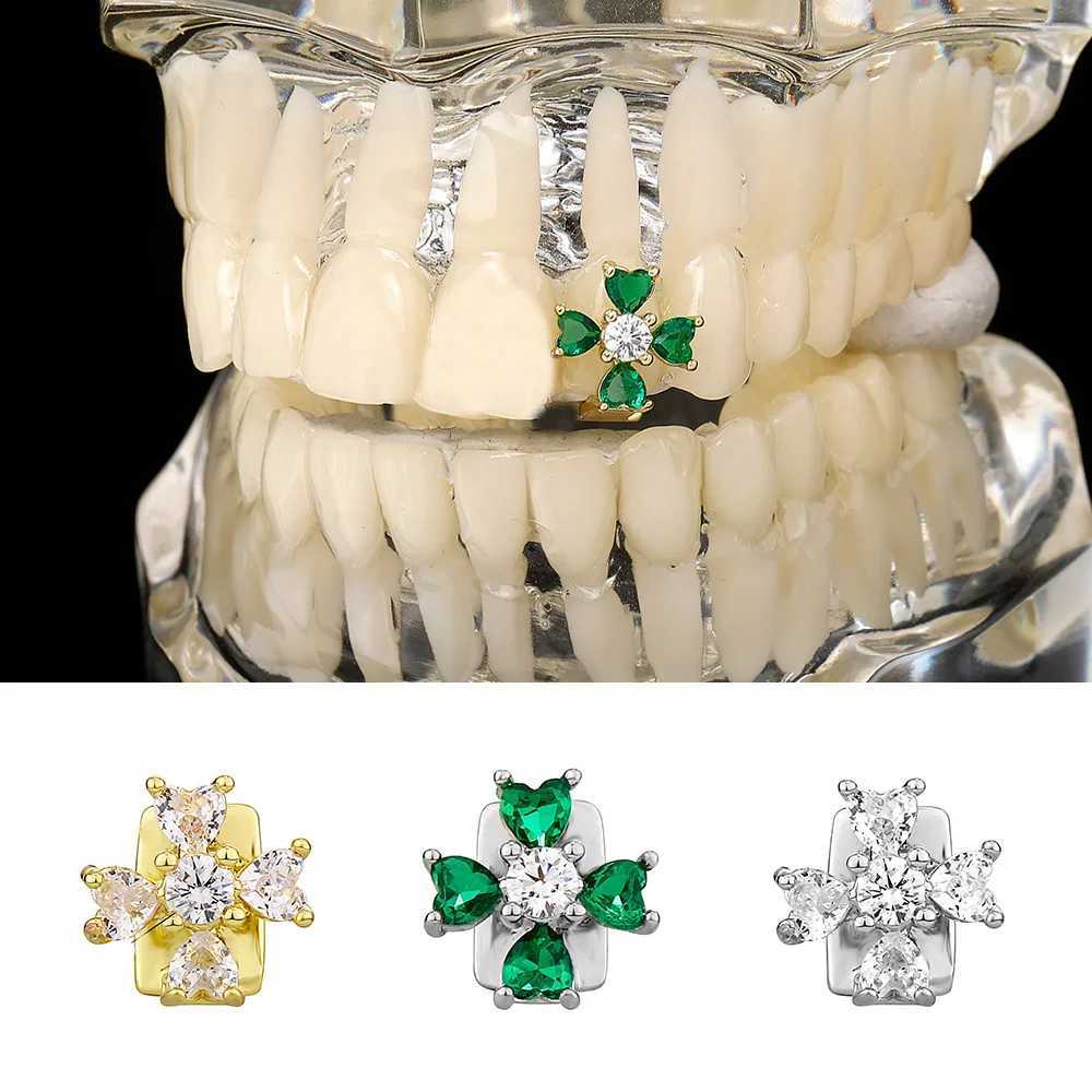 RACHELZ Green Color Zircon Flower Teeth Grillz Braces Fashion CZ Stone Tooth Caps For Women Men Hip Hop Jewelry Dental GrillsXJ250114