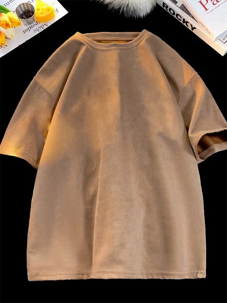 Suede Tshirt Fashion Hip Hop Streetwear Antiwrinkle Short Sleeve T Shirt Men Women Loose Harajuku Summer Casual Tee Top 250122Z