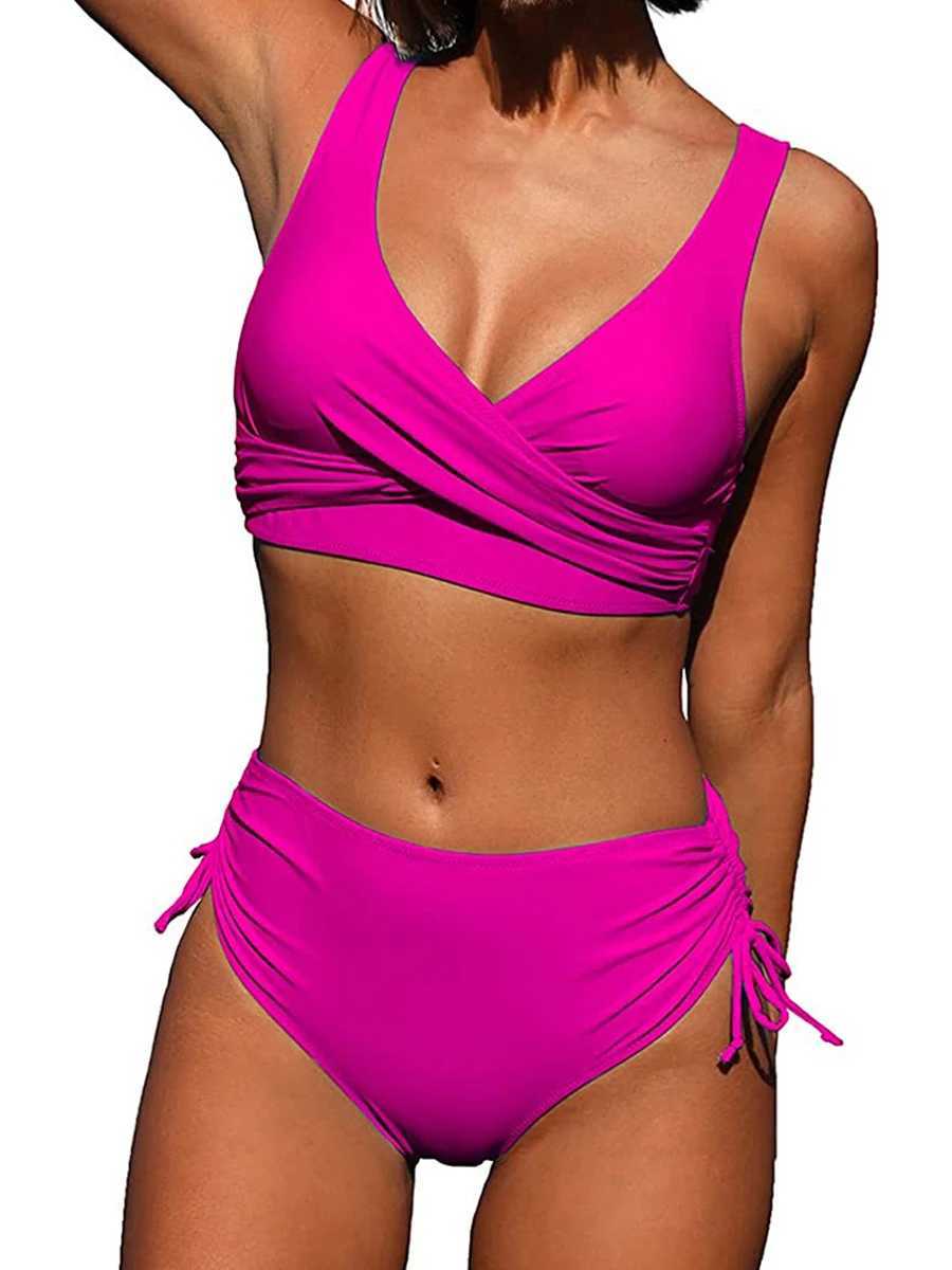 Drstring High Waist Bikini 2023 Women Solid Swimwear Fe Cross Front Swimsuit Padded Beachwear Bather Bathing Swimming SuitXJ250120