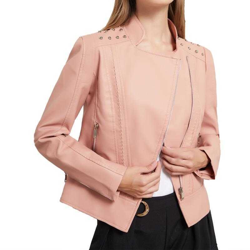 European Womens Beaded Leather Jacket Womens Long-sleeved Fashion Jacket Lapel Motorcycle Jacket Thin Spring Autumn Womens Jacket Womens Leather 24120