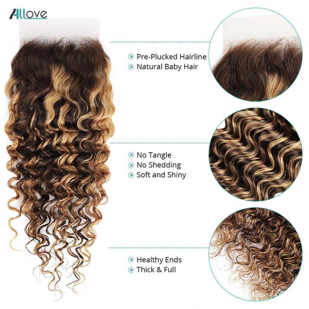 Allove Highlight Bundles With Clo Deep Wave Human Hair Bundles With 4x4 Transparent Lace Clo Ombre Honey Brown Remy HairXJ250120