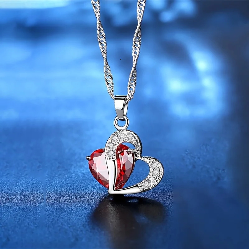 Heart Red Zircon Necklace Pendant With Roses Flower Box Gift For Mothers Day Romantic Jewelry Wedding Gift 250117