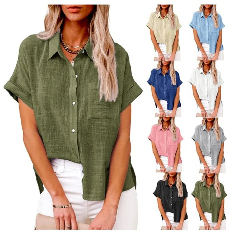 Women Pure Color Linen Shirt Short Sleeve Casual Loose Fit Blouse Fresh Sweet Style Polyester Fabric Available In Multiple Sizes 250121