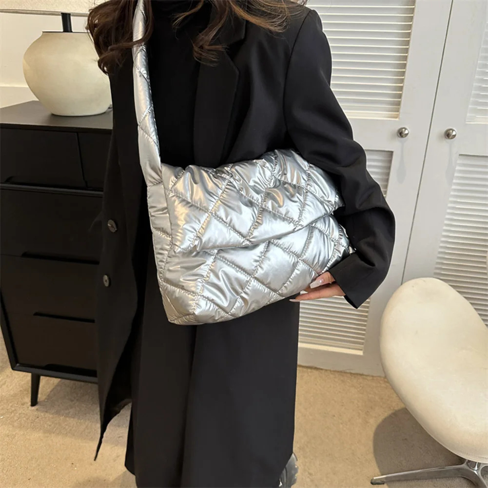 Winter Women Puffer Tote Bag Cotton Down Padded Shoulder Bags Quilted Handbag Purse Pleated Nylon Shopper Messenger Bag 250113