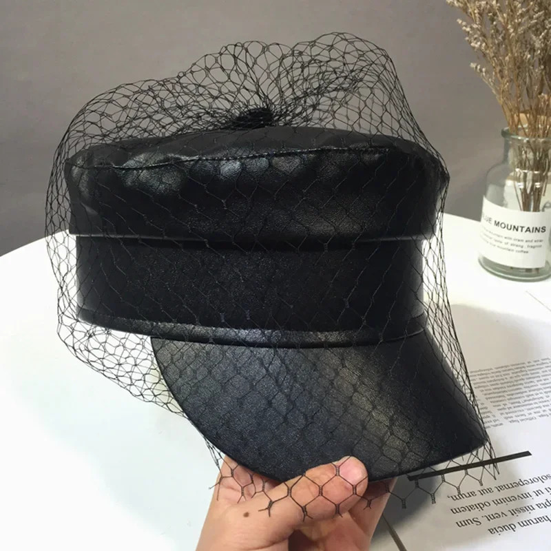 Spring and summer black PU lace veil sboy caps Fmale Flat top Mesh letter multiple styles fashion hats 250118