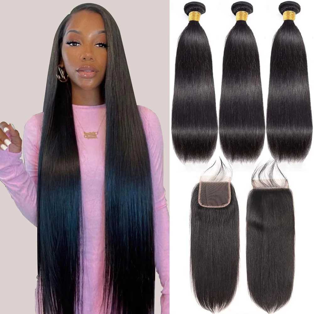 34 36 inch Straight Human Hair Bundles with Clo 4x4 Raw Brazilian Hair Extensions Weave 3 4 Bundles with Transparent CloXJ250120