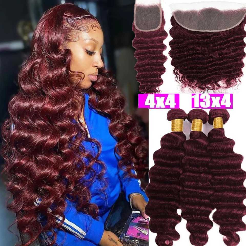 #99j Loose Deep Wave Hair Bundles With 4x4 13x4 HD Clo Frontal Dark Burgundy Human Hair Bundles With 13x4 Frontal PrepluckedXJ250120