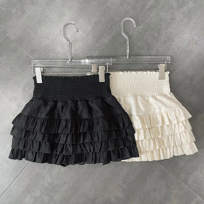 Streetwear Y2k Ruffles Mini Skirt Sweet Kawaii High Waist Lace A Line Summer Korean Fashion Black Ball Gown Skirts 250110Z