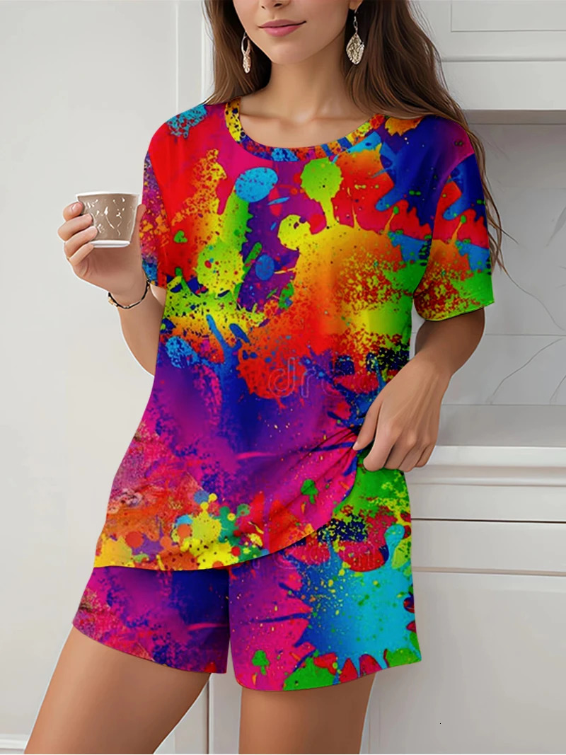 Womens Fashion Printed 2Piece Sets with Uneck Short Sleeve Set Holiday Homewear Shorts Plus Size 250122