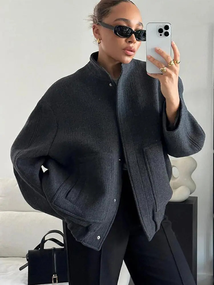 Vintage Laple Bomber Jackets Women Loose Thicken Single Breasted Zipper Female Coats 2025 Spring Autumn Fashion Lady Outerwears 250109