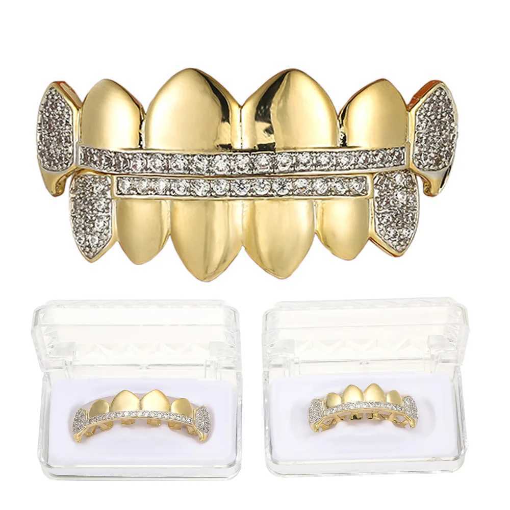 CZ Teeth Grillz Caps Cubic Zirconia Iced Out Micro Pave Top Bottom Charm Grills Set For Men Women Rapper Jewelry GiftXJ250114
