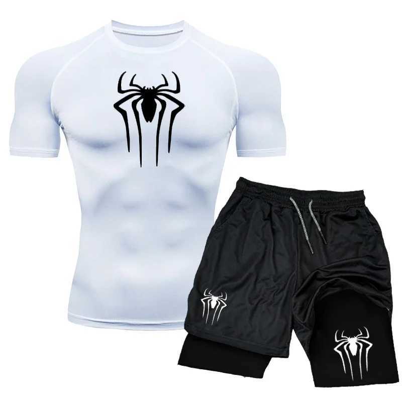 New Compression Set Spider Print Sportwear for Men Quick Dry GYM Shorts+Shirt 2PCS Quick Dry Short Sleeve Training Sport Suit X250129