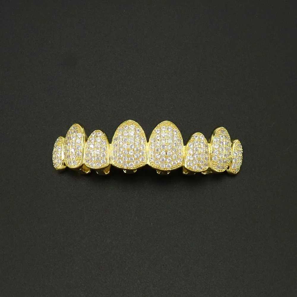 1set Hip Hop Iced Out Teeth Grillz Gold Plated Dental Grills Rock Tooth Grillz Caps Crystal Teeth Caps Halloween Tooth GiftXJ250114