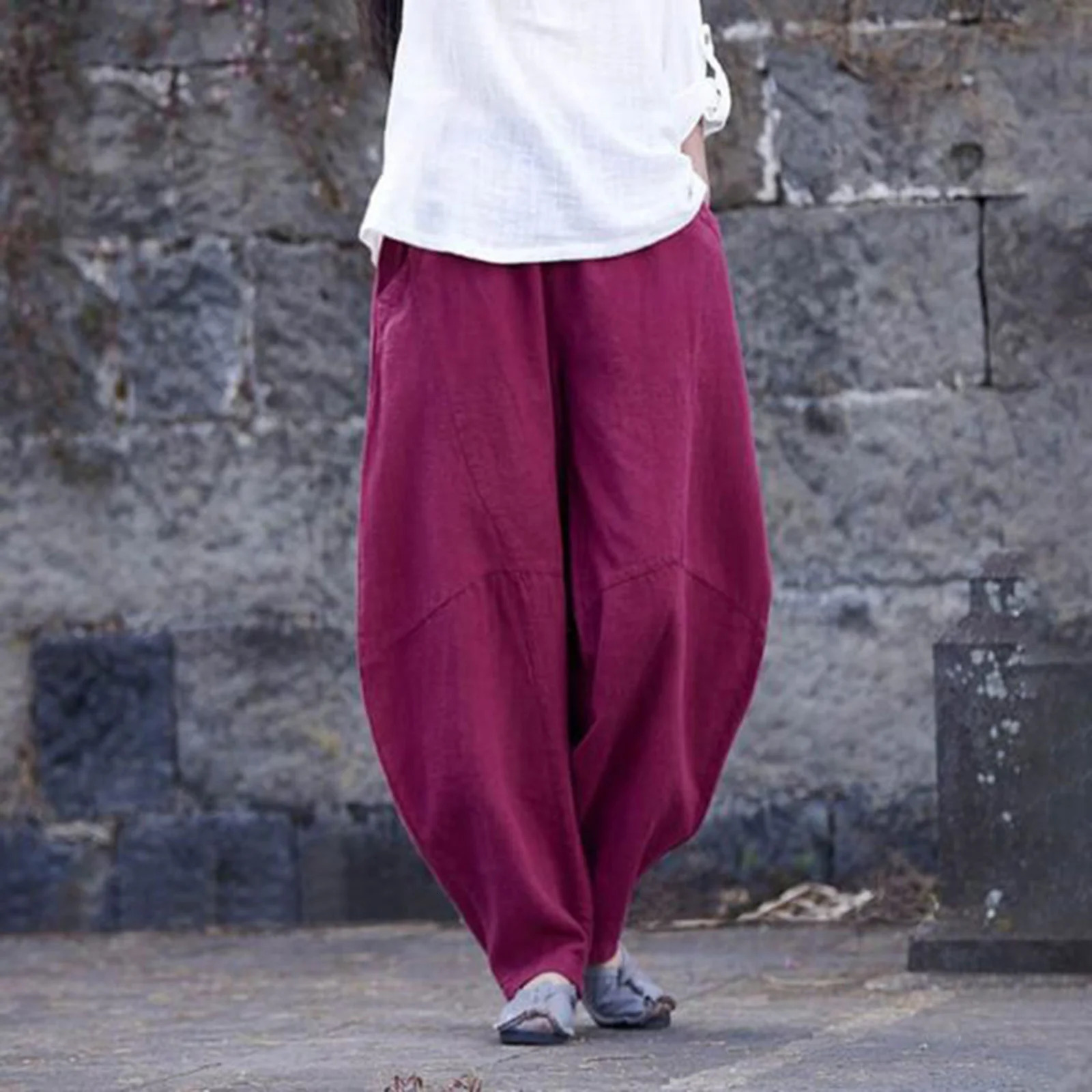 Cotton Linen Loose Fitting Women Casual Cargo Pants Solid Baggy Pants Woman Trousers 250117
