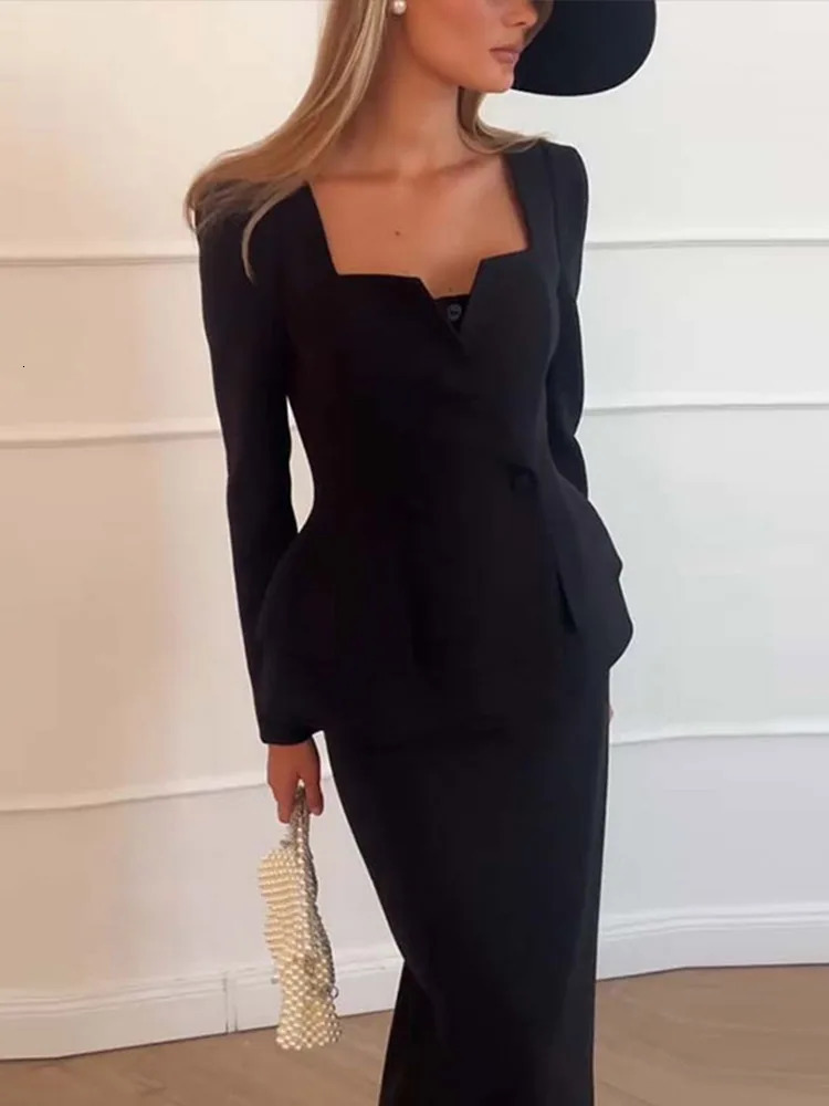 Elegant White Coat Skirt Set Fashion Square Collar Slim Jacket High Waist Long 2024 Autumn Ladies Cummuter Suit 250122