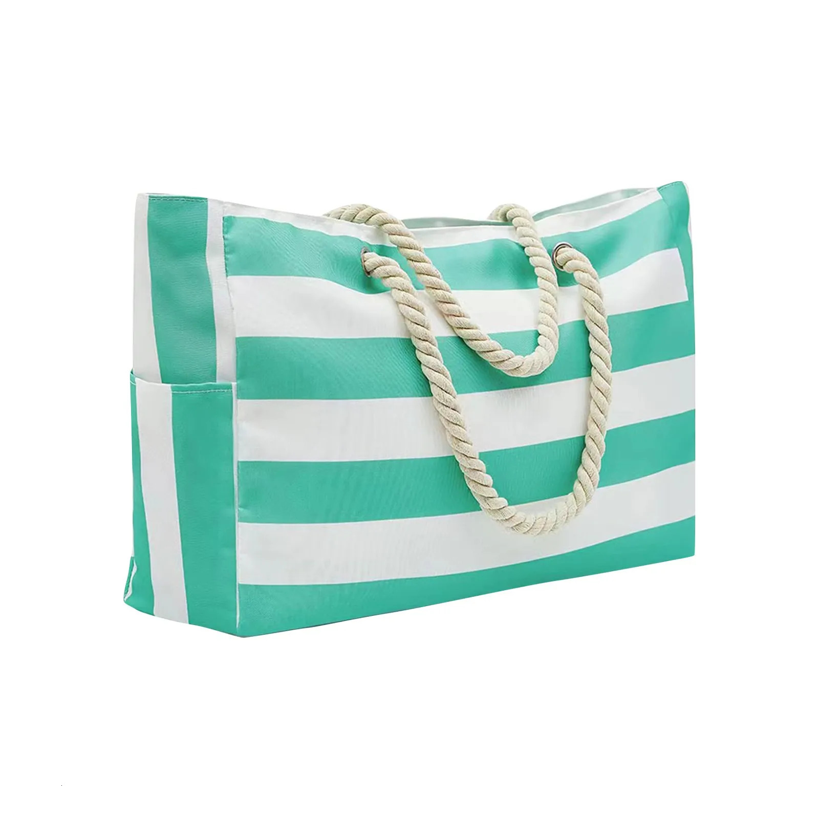 Striped Zipper Double Outer Bag Canvas Polyester Beach Bag For Outdoor Travel Seaside Vacation Large Capacity 250121