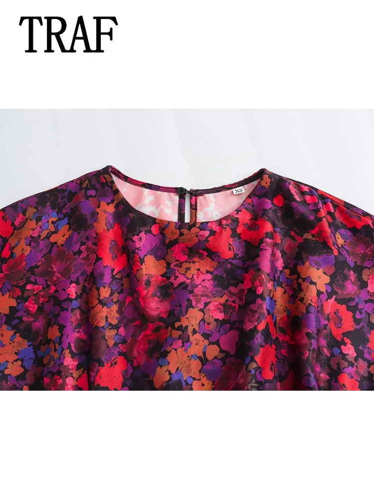 TRAF Women Pleated Long Dresses 2023 Autumn Sleeve Vintage Print Midi Dress Female Party 250121