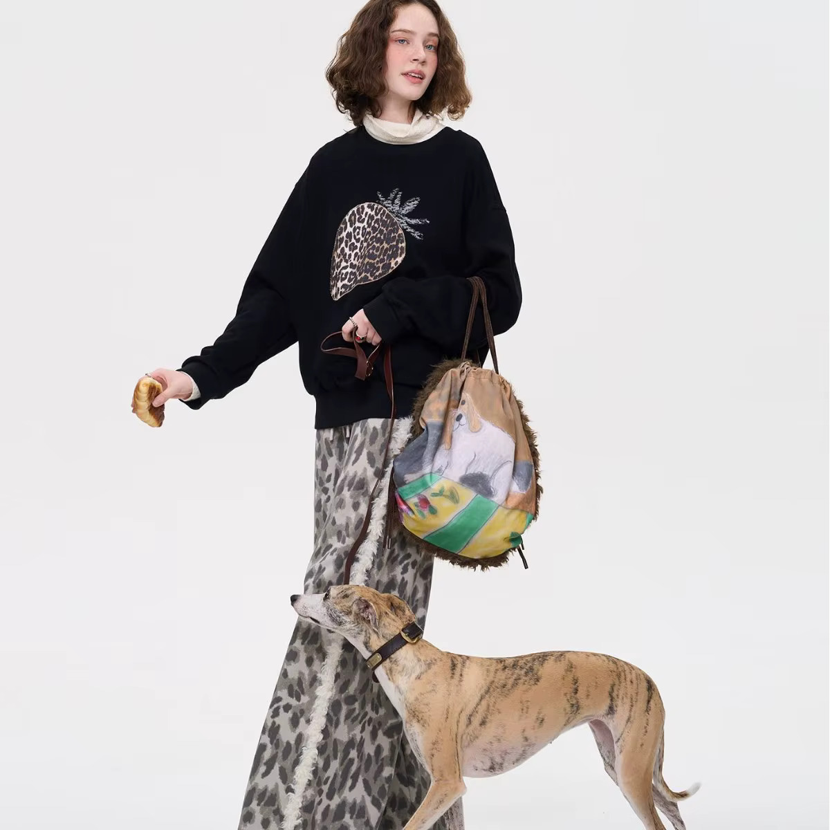 Fashion Double Sided Tote Cute Dog Shoulder Bag Warm Soft Plush Crossbody for Women Drawstring Backpack Shopper Bags