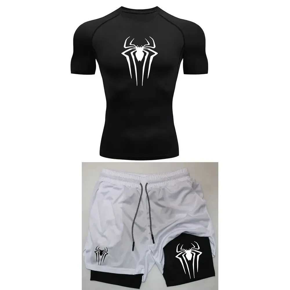 Mens sports compression set Y2K spider print gym T-shirt breathable running shorts quick drying sports protection Rush sportswear set X250129
