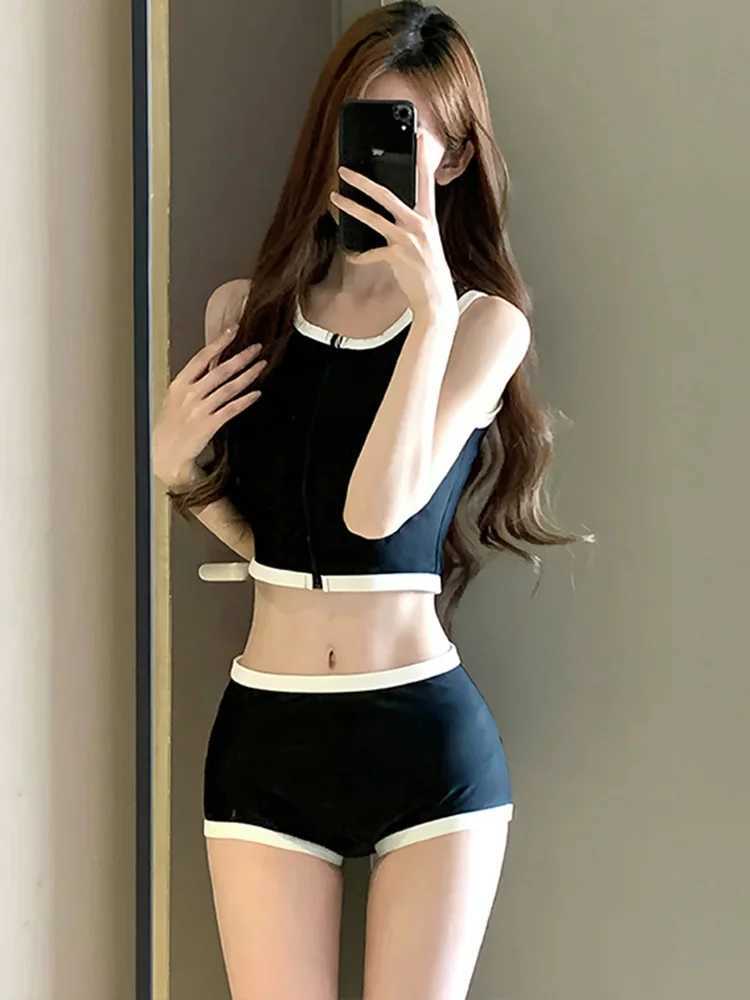 OIINAA Bikini Set Women Vest Shorts Swimsuit Spliced Zipper Two-Piece Fashion Fe Swimwear Bathing Holiday Simple BeachwearXJ250120