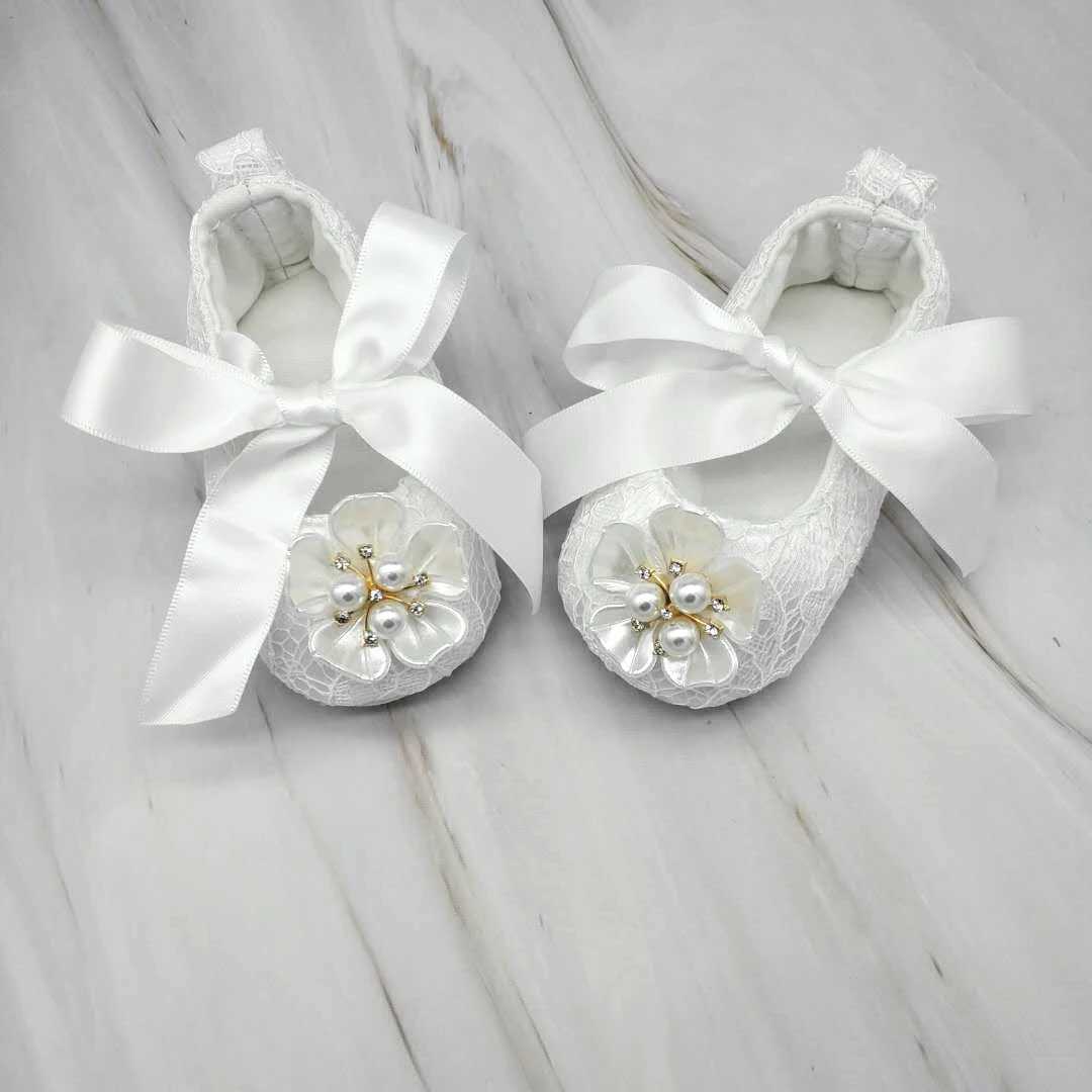 Dollbling Baptism Pearls RIbbon Baby Girl Shoes Christening White Flower Handmade Newborn Princess Infant Wedding Anti-Slip Crib X250129