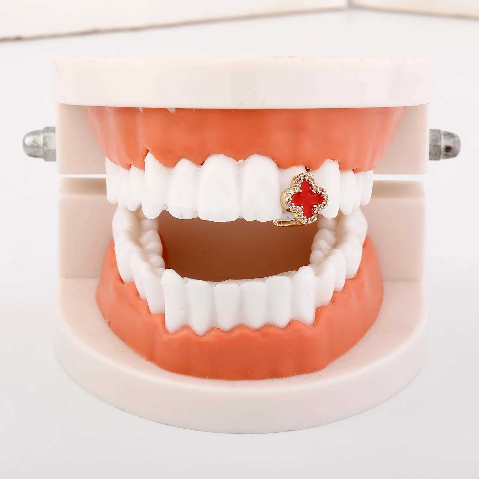 Gold Silver Color Single Flower Iced Out Grillz Teeth Men Women Hip Hop Bling Tooth Grills Caps Fashion JewelryXJ250114