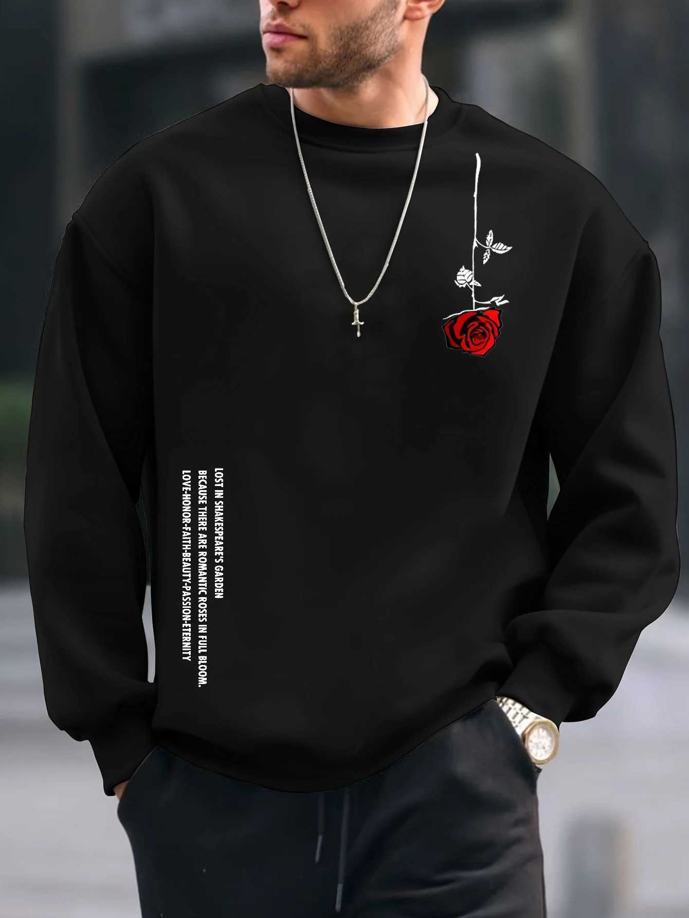 Mens autumn and winter fashionable casual loose plus rose pattern printed fleece pullover round neck long sleeved sweatshirtXJ2500118