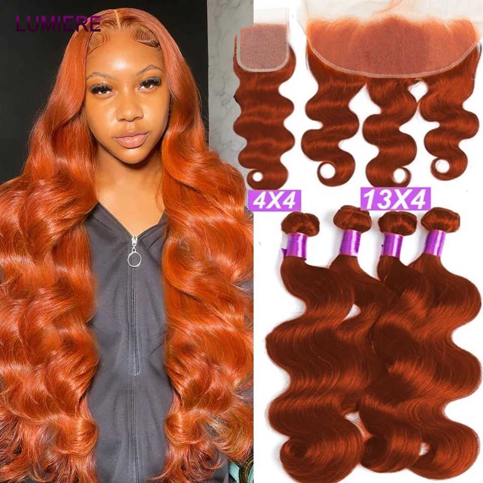 #350 Ginger Orange Body Wave Human Hair Bundles Deal With Clo Frontal HD Lace Brazilian Deep Curly Hair Weave Hair ExtensionXJ250120