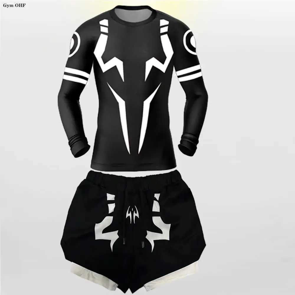 Jujutsu Kaisen anime compression T-shirt mens 2-in-1 shorts sports running jogging gym track and field clothing mens Rashgard MMA X250129