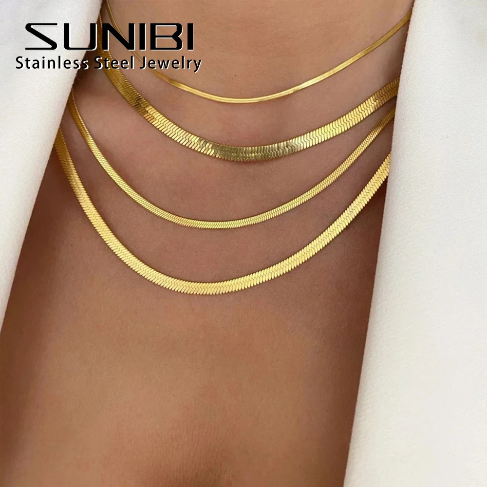 SUNIBI Stainless Steel Snake Chain Necklace for Woman Gifts Choker Herringbone Gold Color Jewelry Wholesale 250114