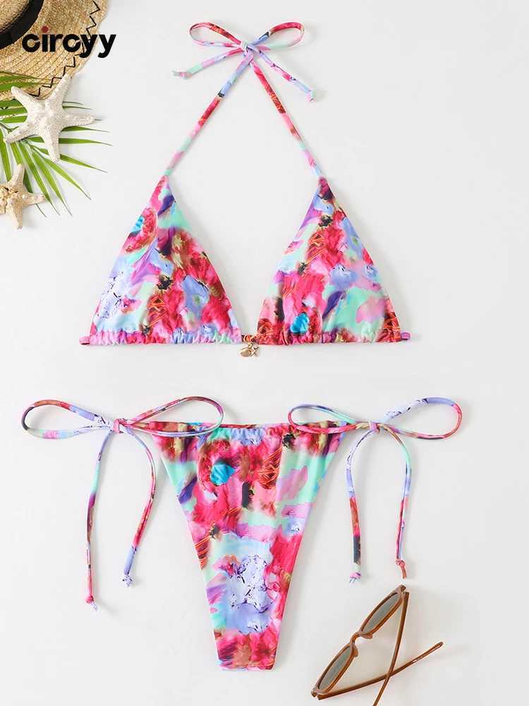 Circyy Bathing Suit Women Sexy Printed Swimwear Lace Up Holiday Bikini Set Two-pieces Swimsuit Summer New Halter Split BeachwearXJ250120