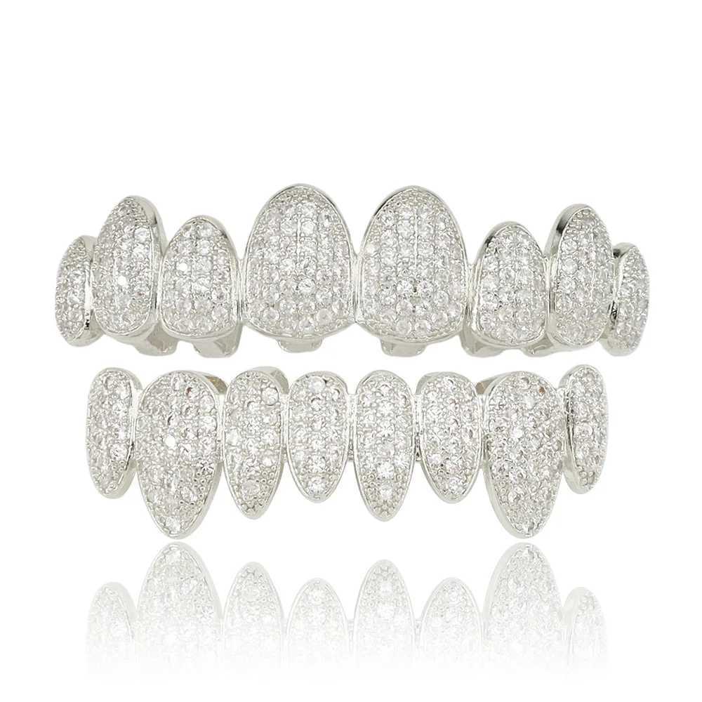 1set Hip Hop Iced Out Teeth Grillz Gold Plated Dental Grills Rock Tooth Grillz Caps Crystal Teeth Caps Halloween Tooth GiftXJ250114