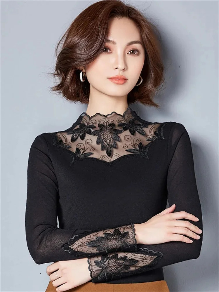 Hollow Out Women Spring Autumn Style Lace Blouses Shirts Casual Long Sleeve Patchwork Spliced Turtleneck Blusas Tops 250121