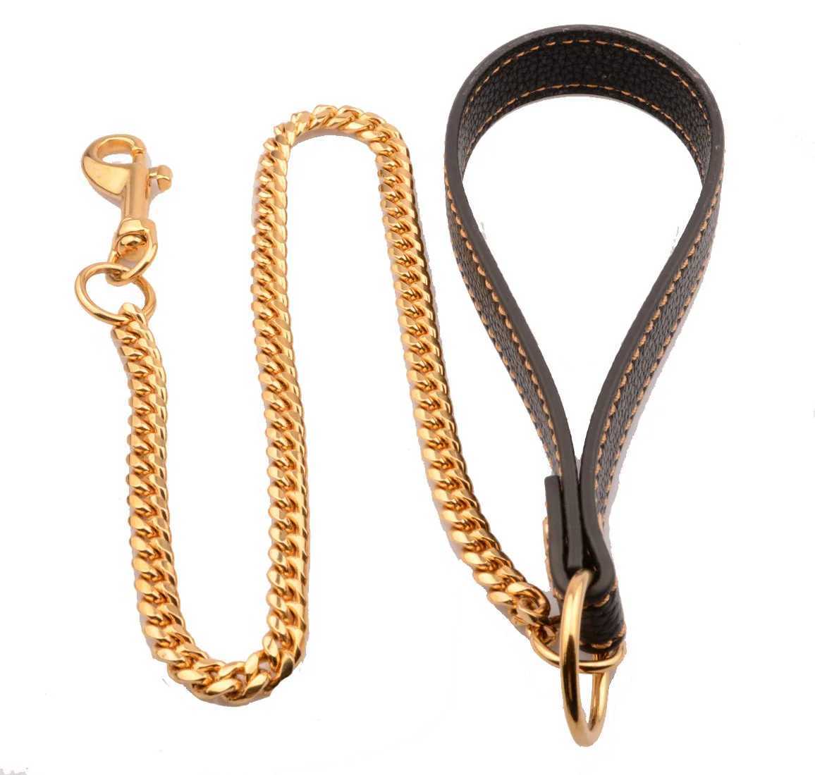 Luxury 18K Gold Dog Chain Leash with Genuine Leather Handle Strong Stainless Steel Miami Cuban Link Pet Leash for Large Dogs X250129