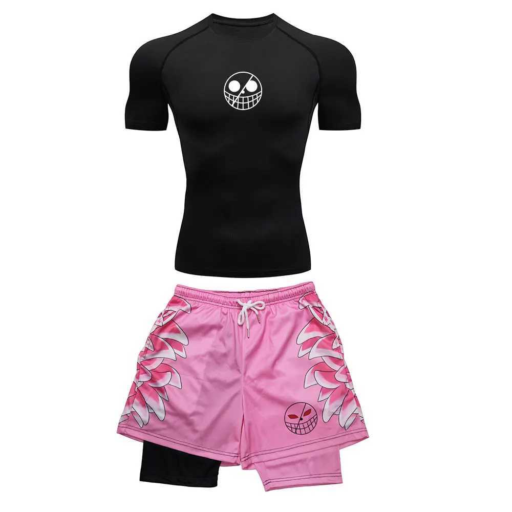 Mens Running Tracksuit Anime Print Training Fitness Sportswear Set Compression Leggings Sport Gym Performance Shorts Rash Guard X250129