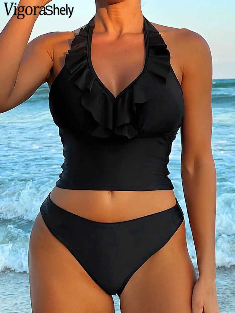 Vigoashely 2025 Sexy Ruffle Halter Bikini Women Solid Push Up Swimsuit Lady Backless Swimwear Backless Summer Beach Bathing SuitXJ250120