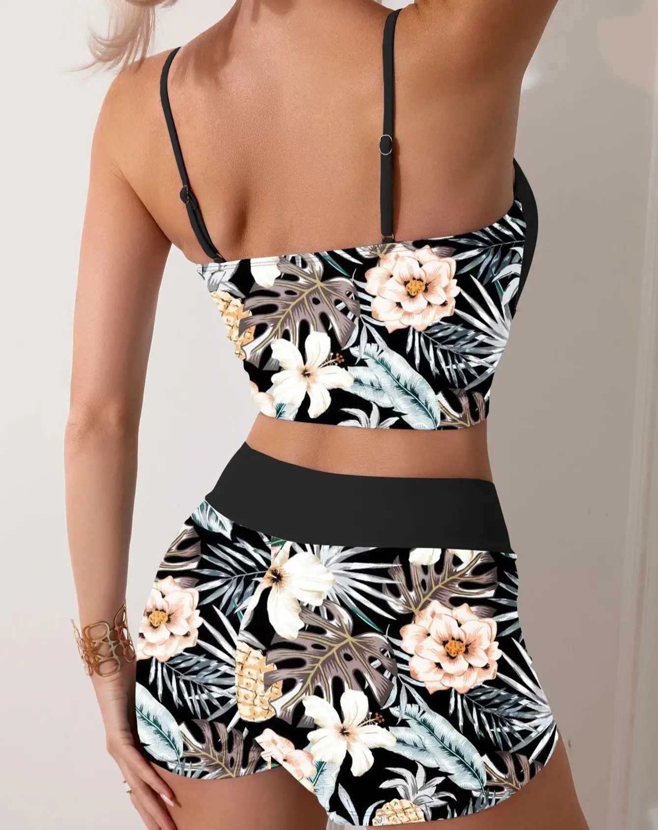 Printed Flower Tankini Set Girl Swimwear Adjustable Strap Vest Bra Fe Flower Shorts Bikini Drstring Women Beach SetXJ250120