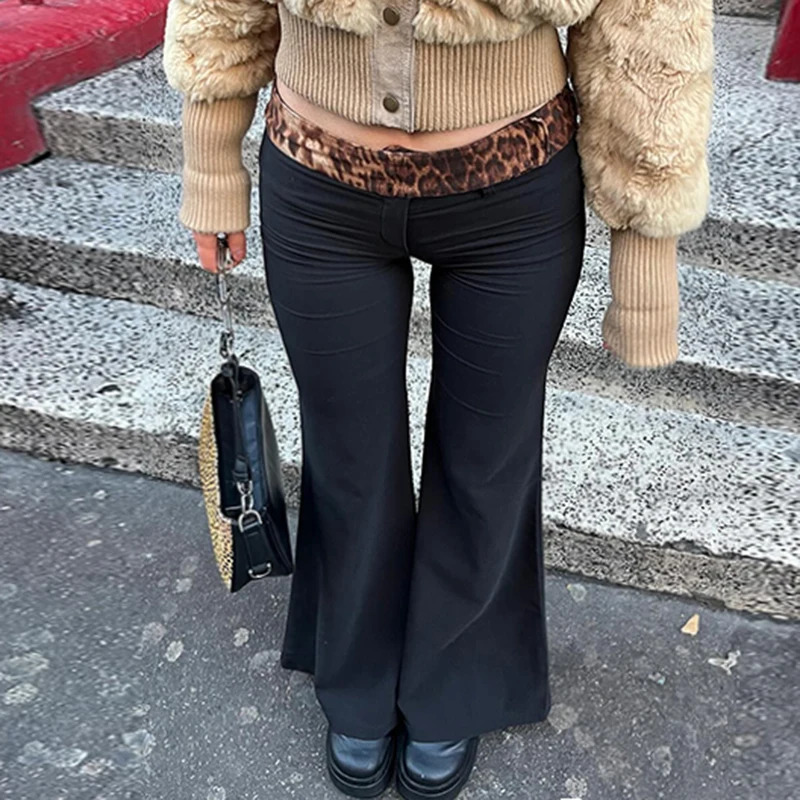 BIIKPIIK Leopard Print Patchwork Waist Flare Pants for Women Casual Fashion Black Low Waist Trousers All-match Concise Clothing 250122