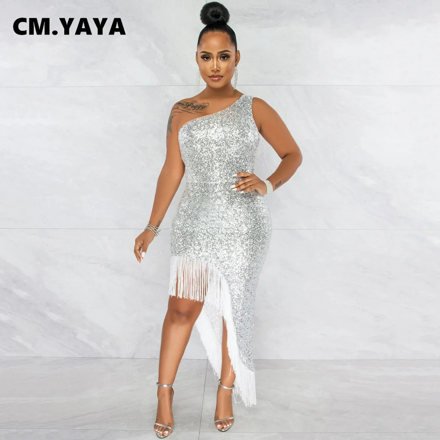 CM.YAYA Women Tassel Side Sequins One Shoulder Skew Neck Bodycon Midi Maix Irregular High Low Long Dress Sexy Night Party 250109