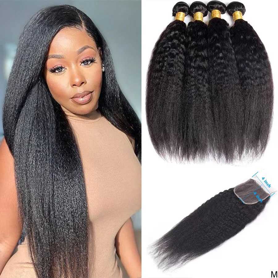 Kinky Straight Human Hair Bundles With Clo Brazilian Transparent 4x4 Lace Clo And Bundles 100% Human Hair ExtensionsXJ250120