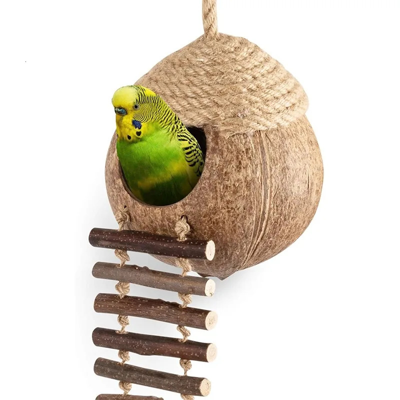 Coconut Birdhouse Hut With Ladder Hemp Rope Roof Natural Material Firm Stable Small Animal Cage Habitat Decoration Pet Supplies 250121