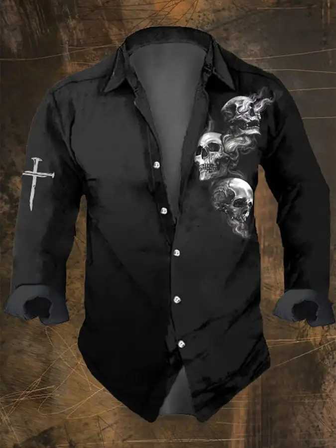 High Quality Halloween Mens Retro Dark Skull Prints Long Sleeve Shirt-Faith Chest PrintRegular FitLapel Collar Polyester Blend Black Tops T250121