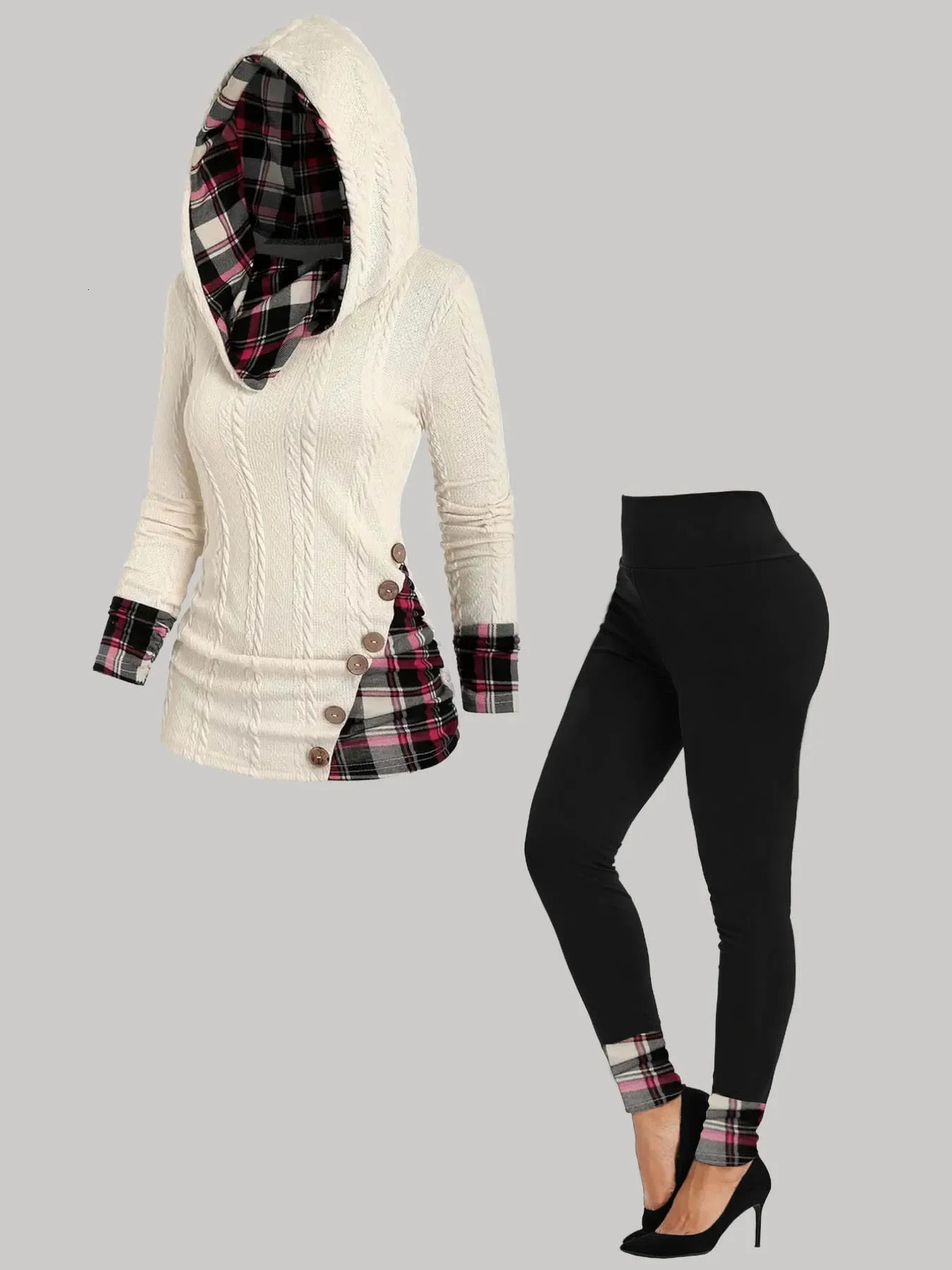 Women Plus Size Matching Set Hooded Sweatshirts Colorblock Plaid Print Drawstring Textured Top and Skinny Leggings Twopiece 250122