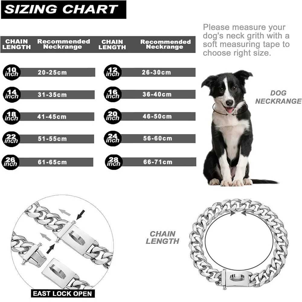 Big dog chain collar buckle sturdy heavy-duty 19MM thick and wide stainless steel metal cubic chain link suitable for large dogs X250129