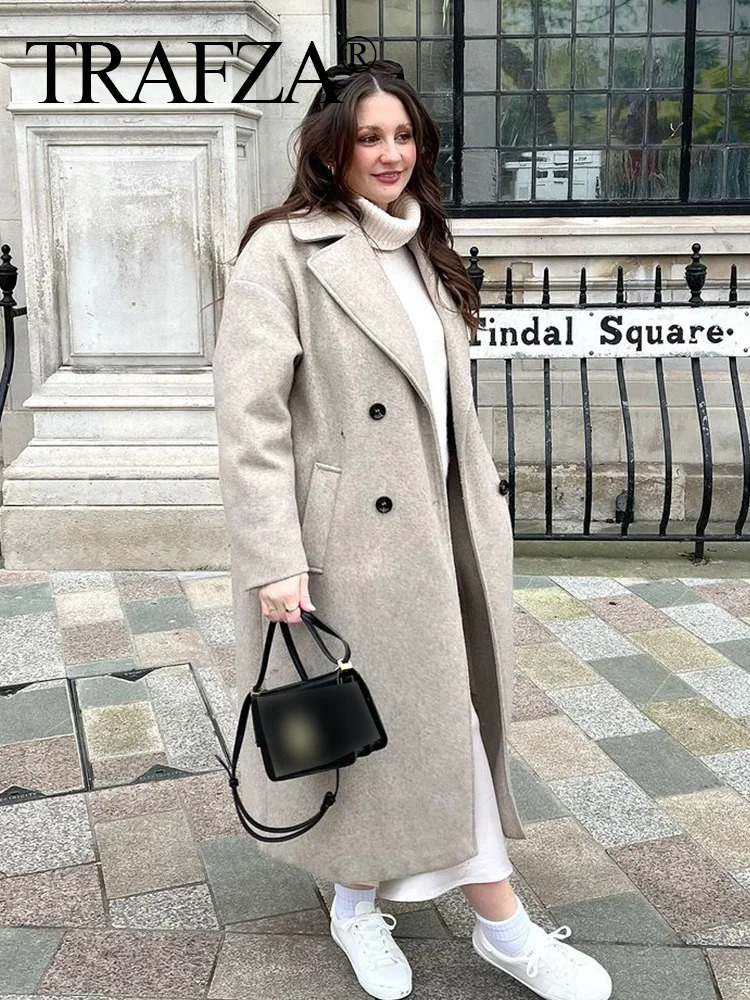 TRAFZA Women Winter Casual Wool Blend Notched Lapel Collar Coat Chic Doublebreasted Trench Coats Oversized Female Long Jackets 250110