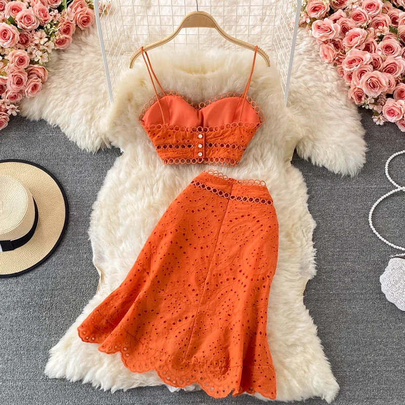 Summer Elegant Casual Fashion Skirts Suit Women Hallow Out Sleeveless Tanks Tops A-Line Saya Two Pieces Set Female Outfits 250113