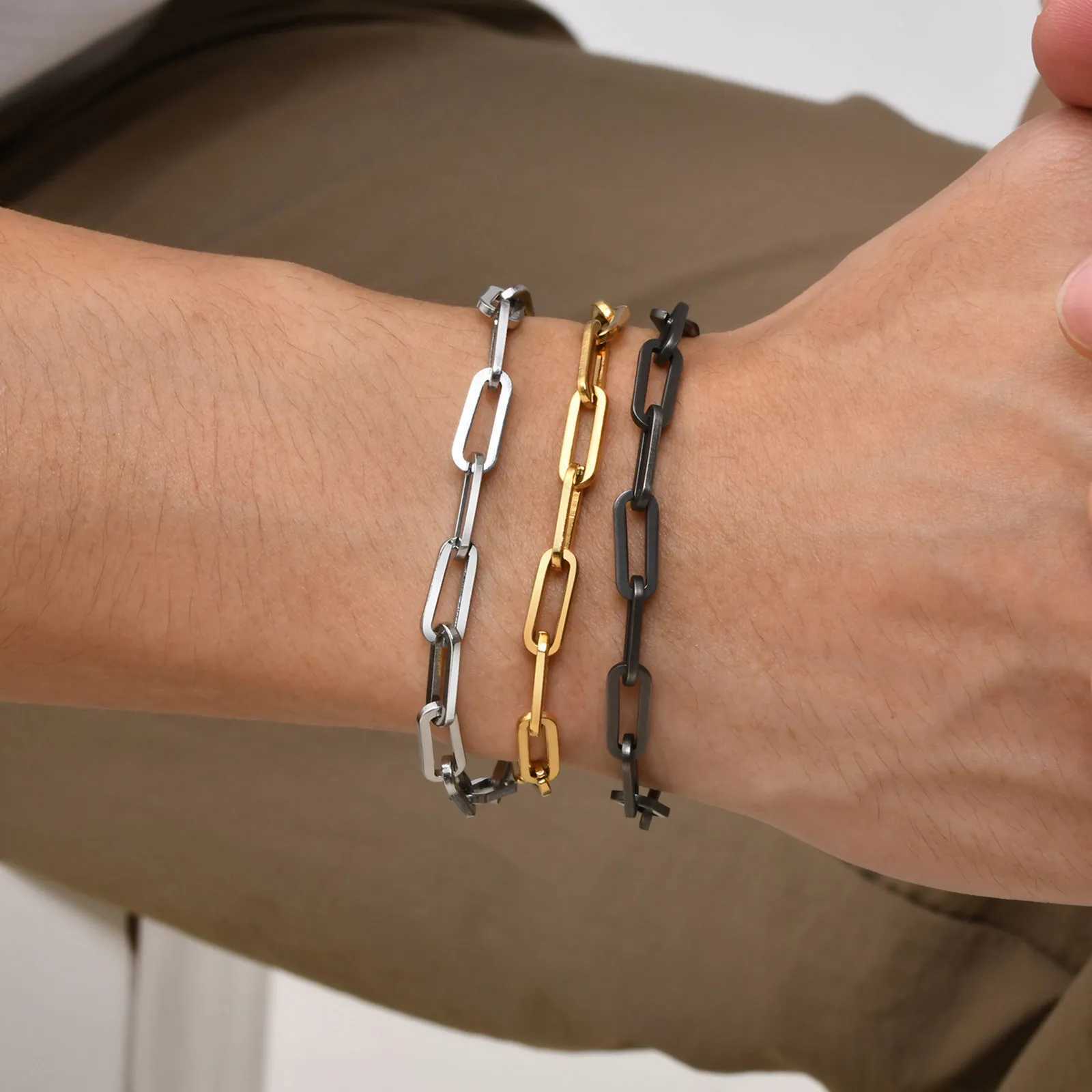 Minimalist 5mm Wide Rectangle Paperclip Chain Bracelets for MenWaterproof Stainless Steel Links WristbandLength Adjustable X250129