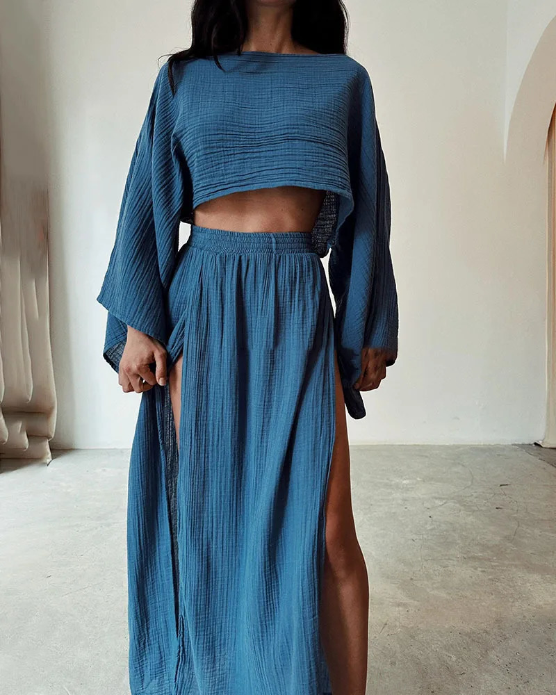 Skirts Two Piece Sets Fashion Women Bohe Mujer Style Loose Crop Top And Slit Maxi Skirts Maching Suits Cotton And Linen Set 250113